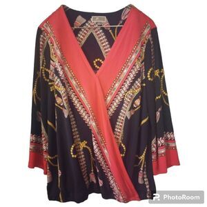 M Collection faux wrap rope print bell sleeve top with elastic waist